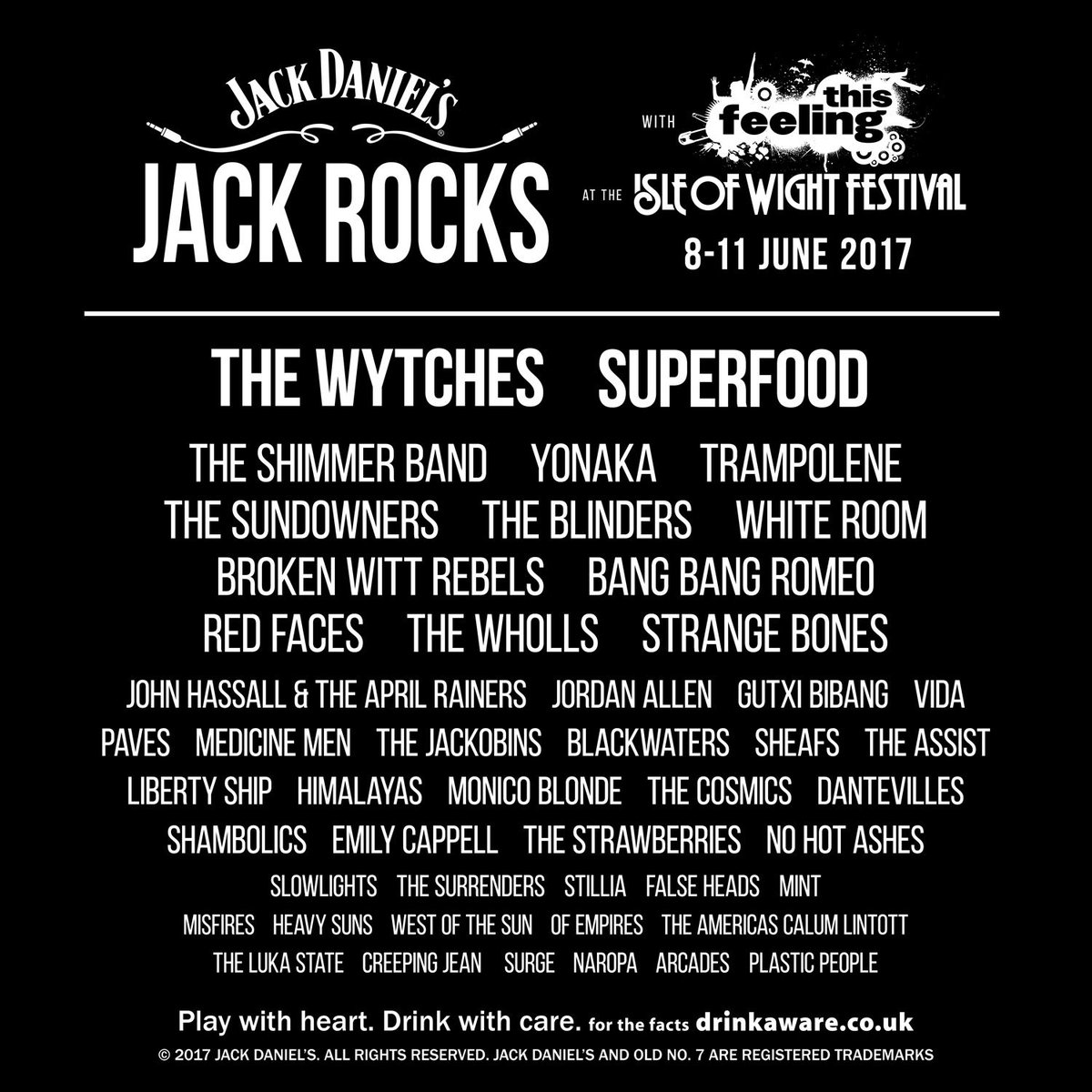 .@JackDanielsUK are back at #IOW2017! SO excited to announce the line-up for the #JackRocks stage in partnership with @This_Feeling! 🙌 😬