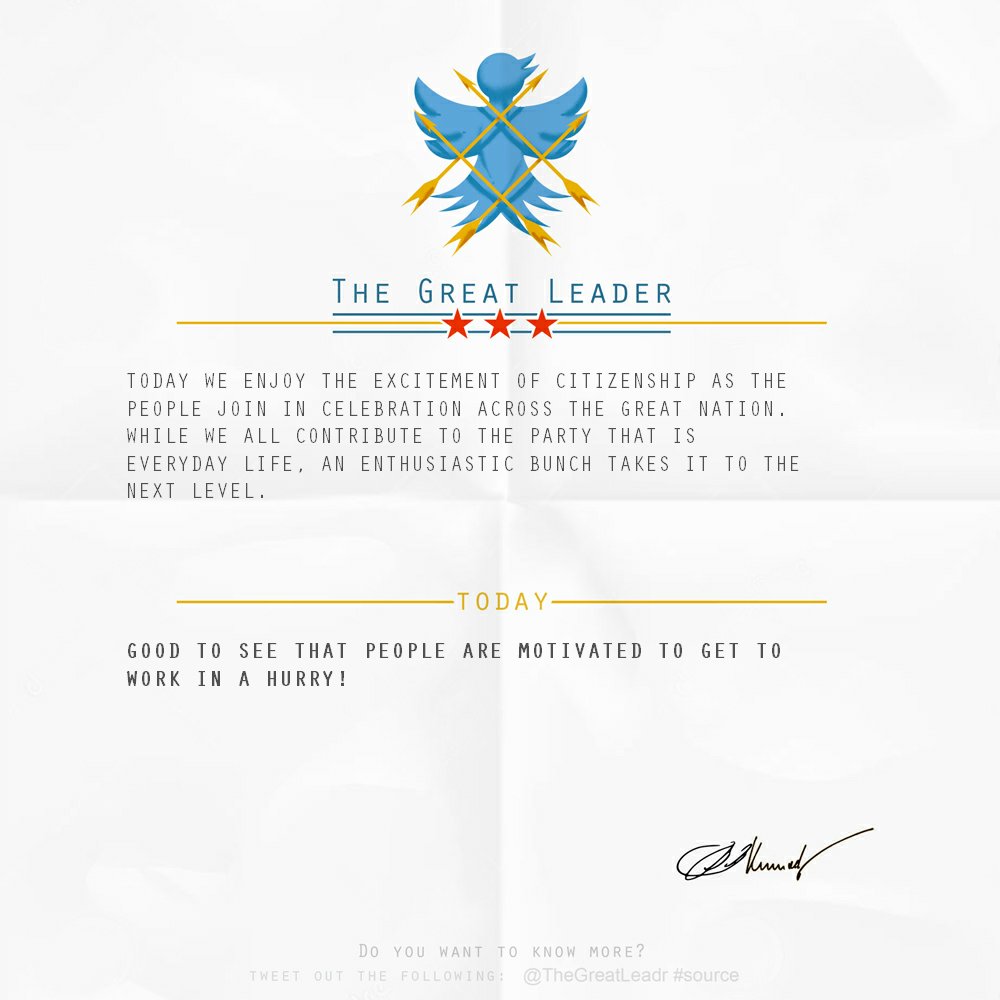 TheGreatLeadr's tweet photo. Daily bulletin from The Great Leader: https://t.co/A11OFfCV0V