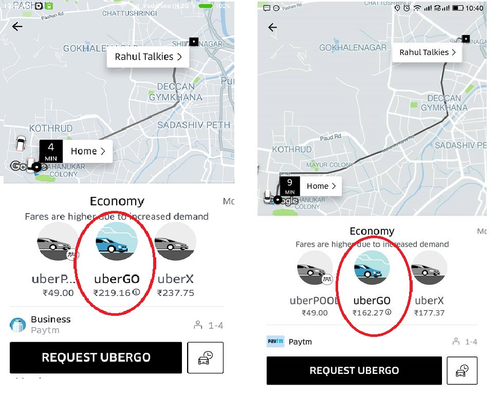 abhijit_limaye's tweet photo. @Uber_India @Uber Same pick-up same time, same destination, two Different fares! #UberIsCheating My fare higher bcos am regular user? https://t.co/m8T2SAkUcl