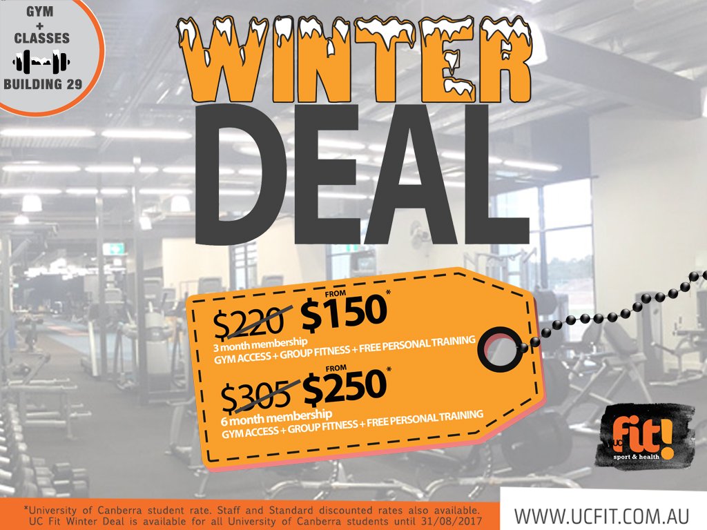 UCFitGym's tweet photo. It's back! UC Fit! Gym + Group Fitness Classes Memberships. Amazing prices. The only catch is that you must be 16yrs or older. Call 62012542 https://t.co/Zf3N82mu3x
