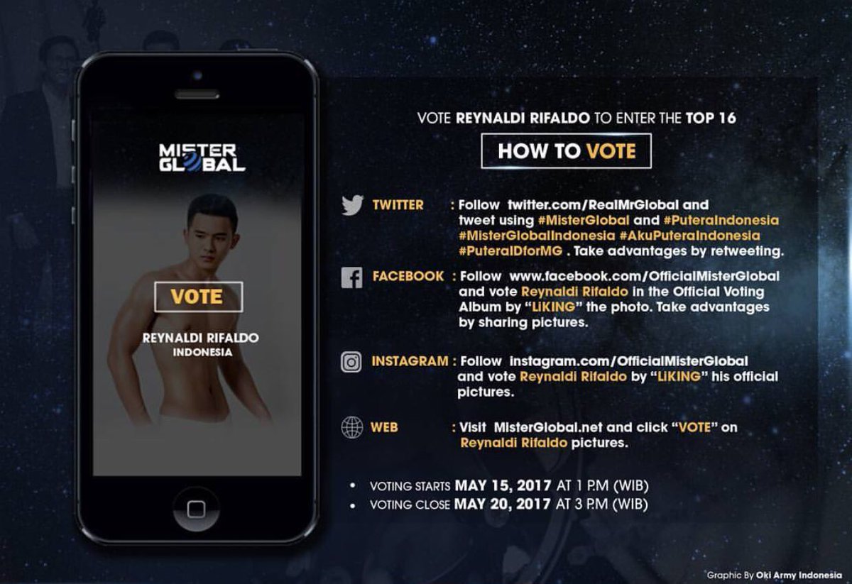 IndonesiaMiss's tweet photo. Hari ini voting Mister Global 2017 akan segera dibuka! Pemenang voting akan langsung masuk ke TOP 16 #MisterGlobal #Indonesia https://t.co/7HQeenrCAL