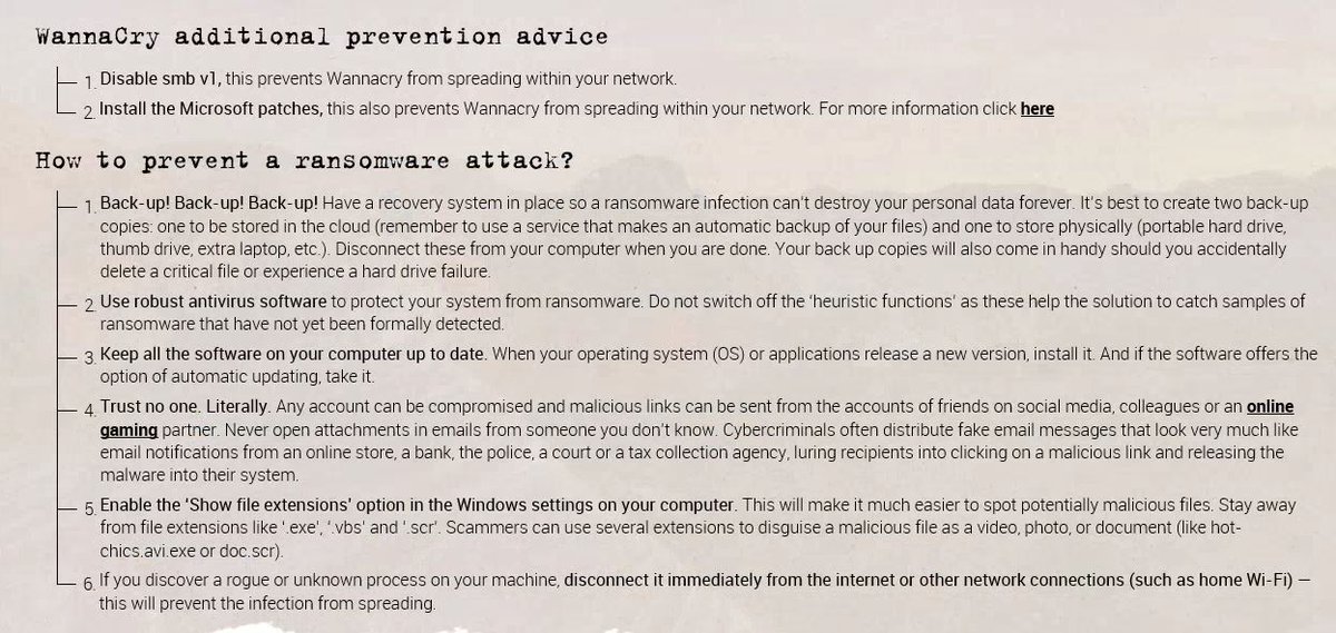 Europol's tweet photo. How to prevent a #ransomware attack? See #WannaCry additional prevention advice on https://t.co/3HIV2MNttQ #NeverPay #Nomoreransom https://t.co/ScTi5tG1gk