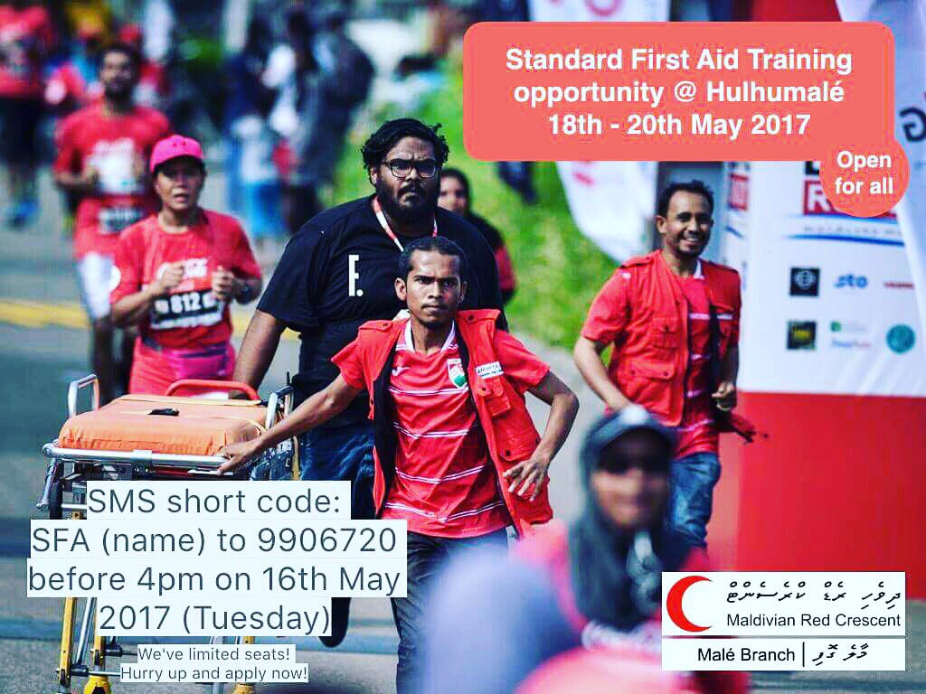 #standardfirstaid training opportuniy 18-20 May. Sign in before 16 May.

#volunteerism #humanity #trainedfirstaider @MRC_MLE @maldivianrc