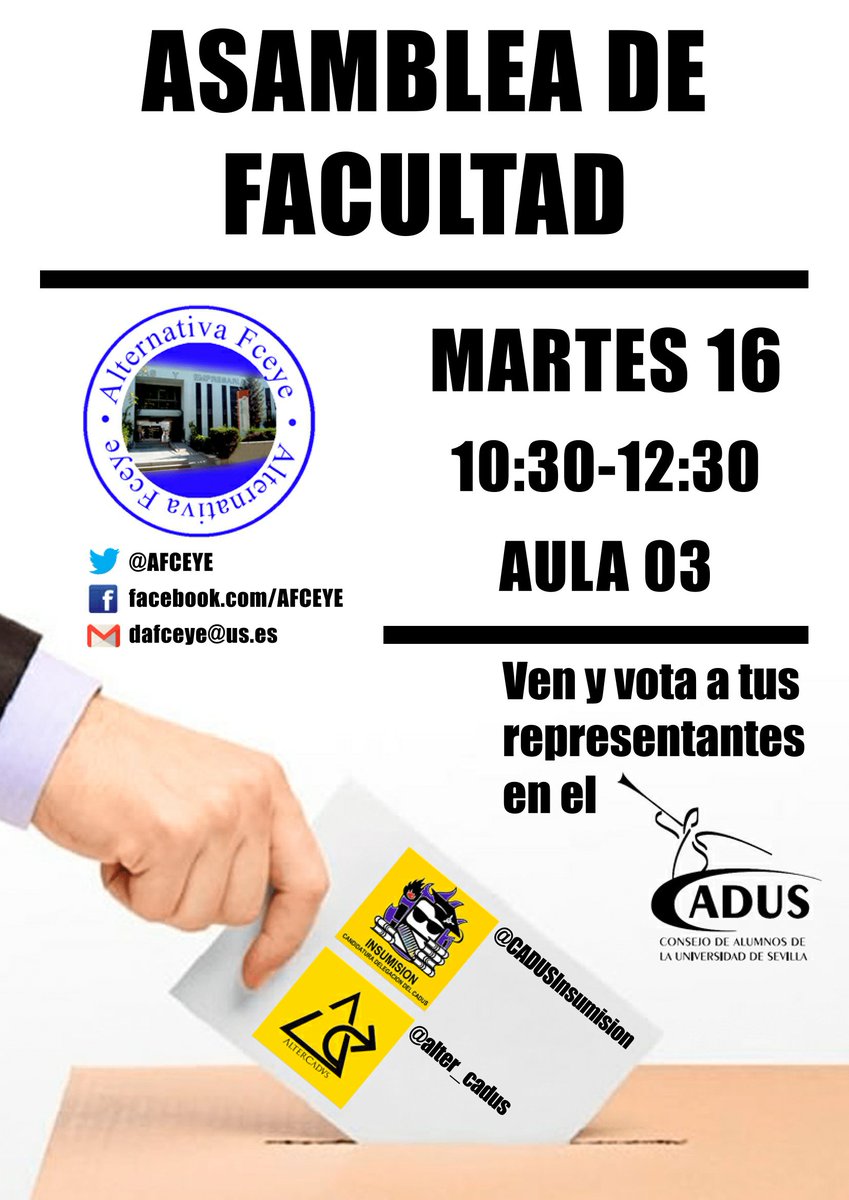 AlternativFCEYE's tweet photo. MAÑANA: asamblea de facultad con las dos candidaturas a Delegación del CADUS: @CADUSInsumision y @Alter_CADUS https://t.co/W6NVgH90Dh