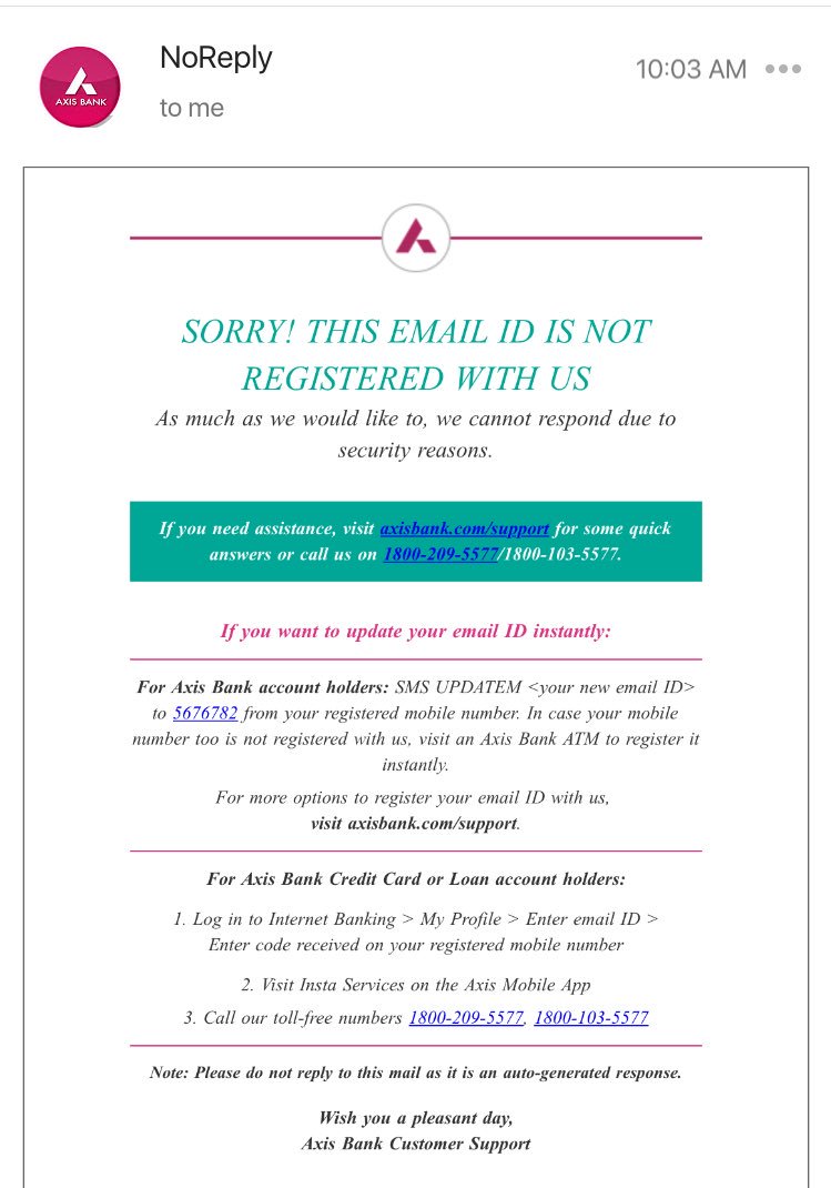 mansurk4's tweet photo. @AxisBankSupport received below email when i contact support from registered email.. Reported to twitter support no response for 2 weeks https://t.co/4DIjkBNZMw