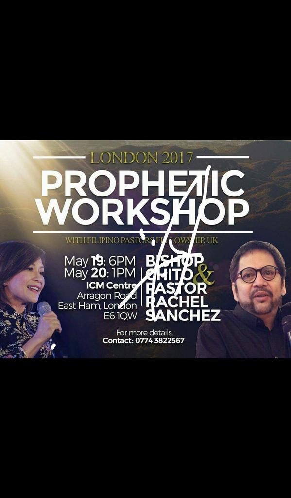 JossieIsraelLab's tweet photo. This friday and saturday (May 19-20 2017) come &amp; experience The Prophetic Workshop w/ Bishop Chito &amp; Pastor Rachel Sanchez.
ALL ARE WELCOME. https://t.co/4wlqFJL36g