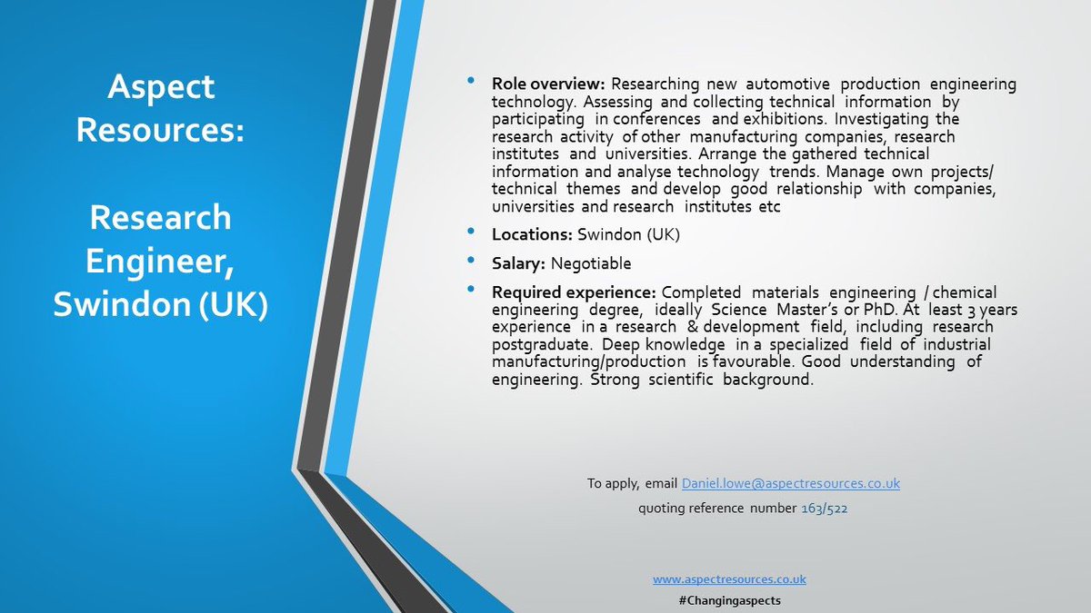 AspectEngineers's tweet photo. New role get in touch or #reccomend a friend #engineering #Swindon #manufacturing #automation #Automotive #researchers #EngineeringJobs https://t.co/1uIE148EE5
