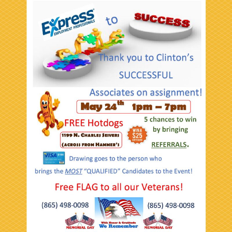 ClintonExpress's tweet image. Bring your referrals into Clinton Express-WIN MONEY!  We have jobs available now! Free hot dogs, Free flags for Veterans! #clintonexpress