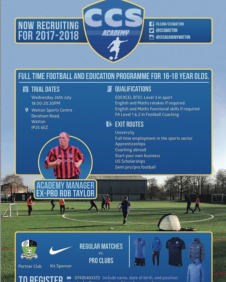 CCSWatton's tweet image. Any 16-18 year olds looking to progress their footballing career? Train full time while studying Btec level in sport
Join our Academy watton