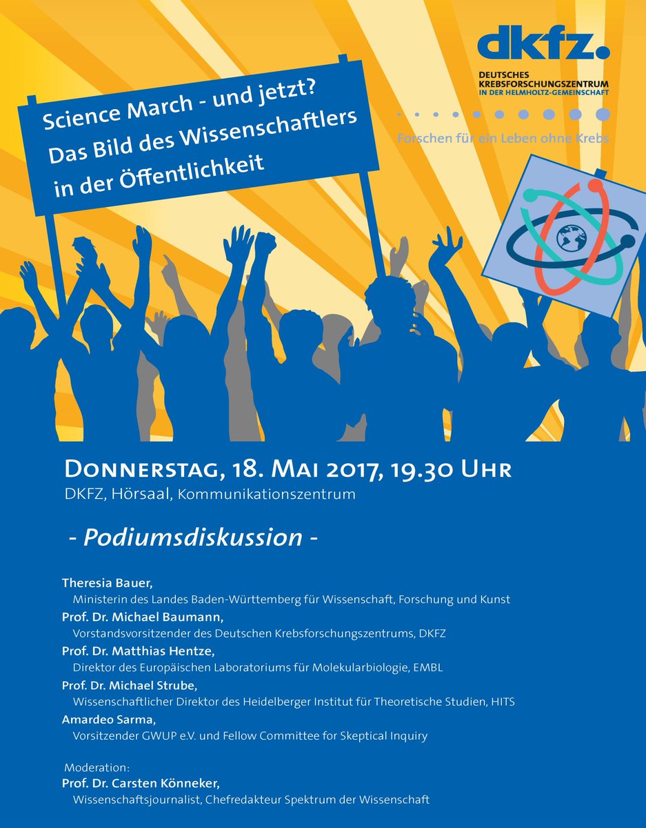 DKFZ's tweet photo. "Science March - und jetzt? Das Bild des Wissenschaftlers in der Öffentlichkeit" - Podiumsdiskussion am 18.05. im DKFZ #marchforscienceHD https://t.co/fkjJN61Q1y