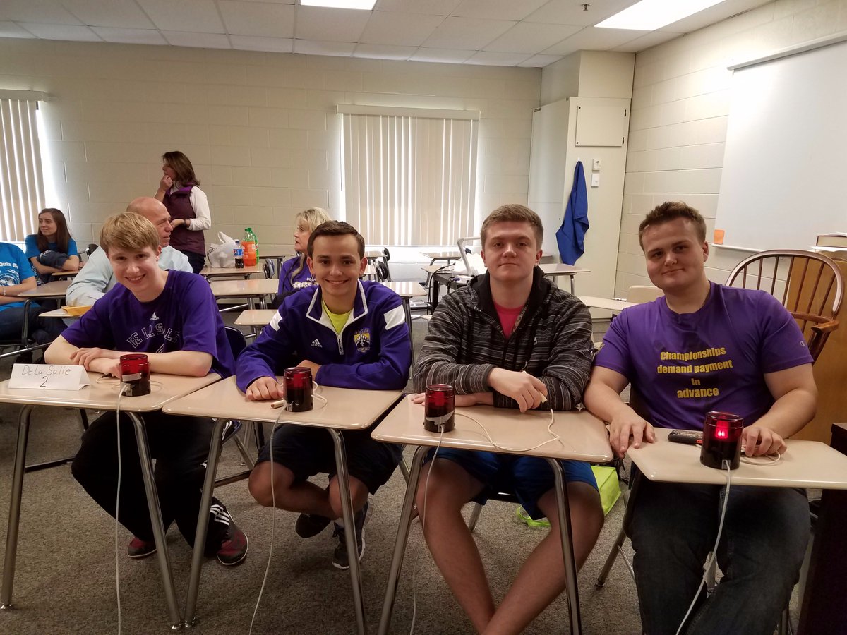 DeLaSalleAD's tweet photo. Zach Breininger, Brendan DeSantis, Christian Stelkic, and Michael DeDecker are Quiz Bowl Sr. Div. STATE CHAMPS! #Repeat #PilotPride https://t.co/p6aGTEvV2u