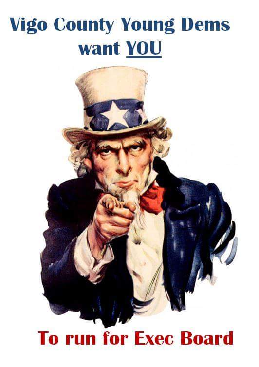 Join the VCYD team! All positions up for election. President, Veep, Secretary, Treasurer, Marketing &amp; Social Media. vigocountydems@gmail