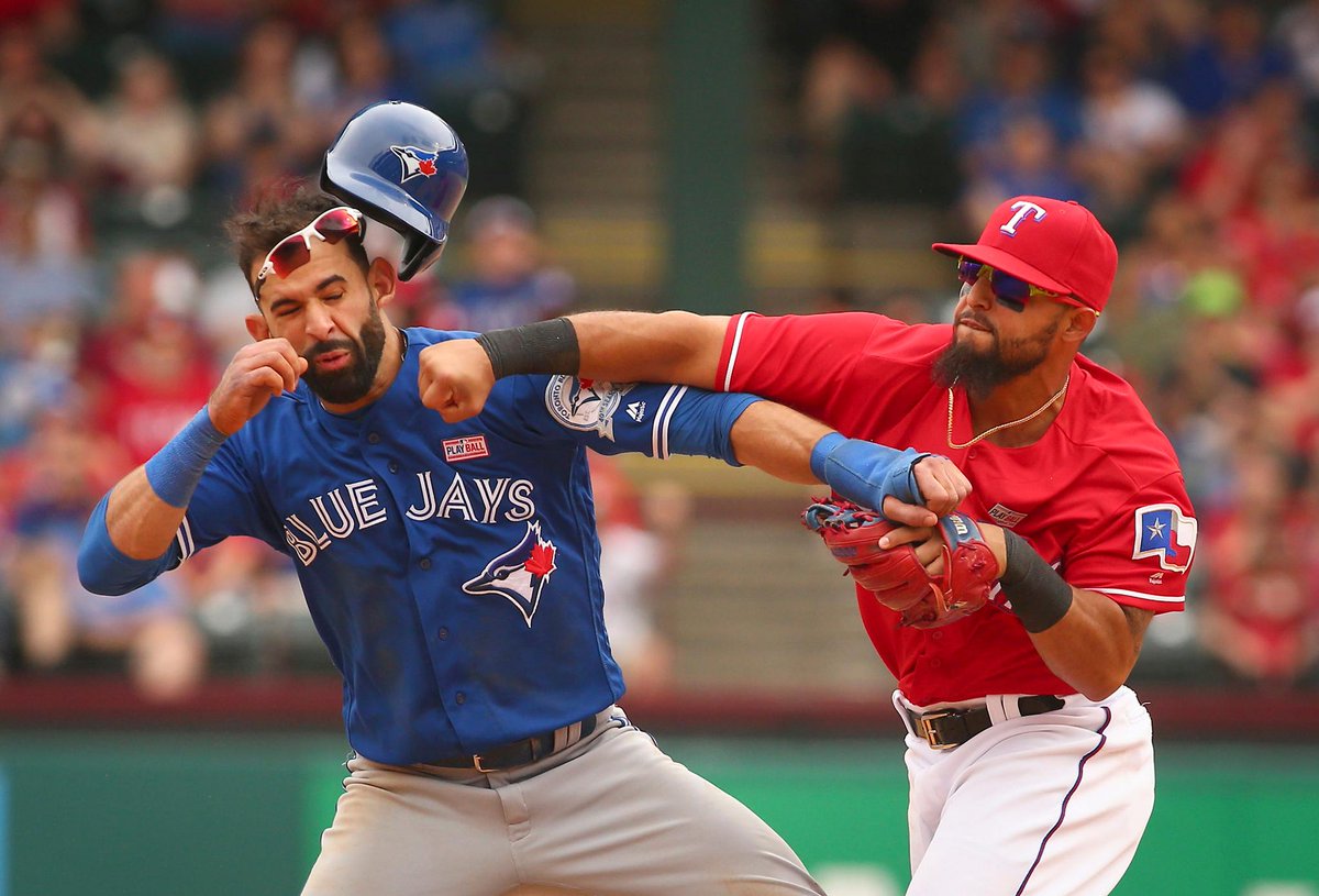espn's tweet image. On this date one year ago, Odor and Joey Bats cleared the benches. [Credit: Fort Worth Star-Telegram]