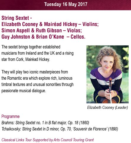 Elizabeth Cooney and friends String Sextet perform tomorrow, Tuesday 16th May, Large Room City Hall #Waterford via <a href="/Waterford_Music/">Waterford-Music</a> Adm: €15