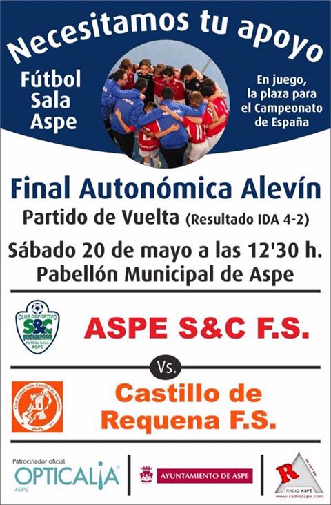 AspeFutbolSala's tweet photo. ¡Nos vemos en el pabellón! Tenemos un marcador adverso (4-2) cosechado el sábado en la ida de la final del autonómico alevín.
#Remontada https://t.co/MwfRdSjBRs