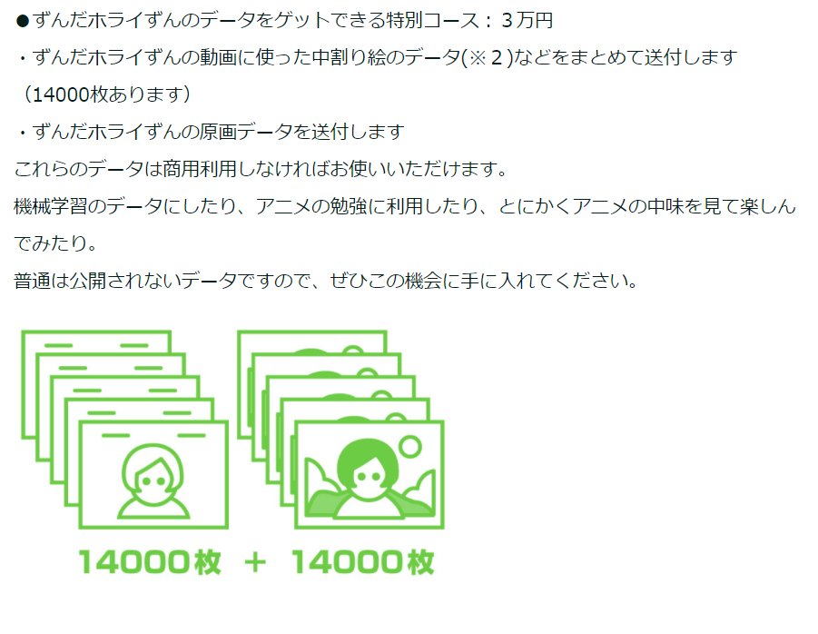 東北ずん子 公式 Aiで歌います Su Twitter そして最後に特別なコースを作りました ずんだホライずんのデータをゲットできる特別コース 3万円 なんと原画 中割絵 色つきの中割絵のデータをまとめて送付します٩ W و 機械学習 アニメを勉強したい人 東北ずん子 公式 Aiで歌います Su Twitter そして最後に特別なコースを作りました ずんだホライずんのデータをゲットできる特別コース 3万円 なんと原画 中割絵 色つきの中割絵のデータをまとめて送付します٩ W و 機械学習 アニメを勉強したい人
