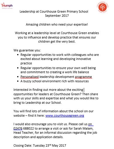 Interested in a leadership role in education? Check out this amazing opportunity <a href="/CourthouseGrn/">Courthouse Green</a>. 
<a href="/CWFirst/">Coventry First</a> <a href="/Covhour/">#COVHOUR</a> @WeManageJobs