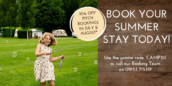 Book a non-electric pitch for the school hols before 2nd June, get 30% off! Use 'CAMP30' to book online bit.ly/SumHols30 #camping