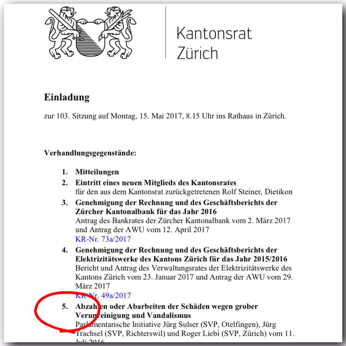 Sehr gut

Mein Gesetzesänderungs-Antrag, Vandalen gekennzeichnet zur Sachbeschädigungs-Reinigung zu verpflichten, wurde gutgeheissen.

#krzh