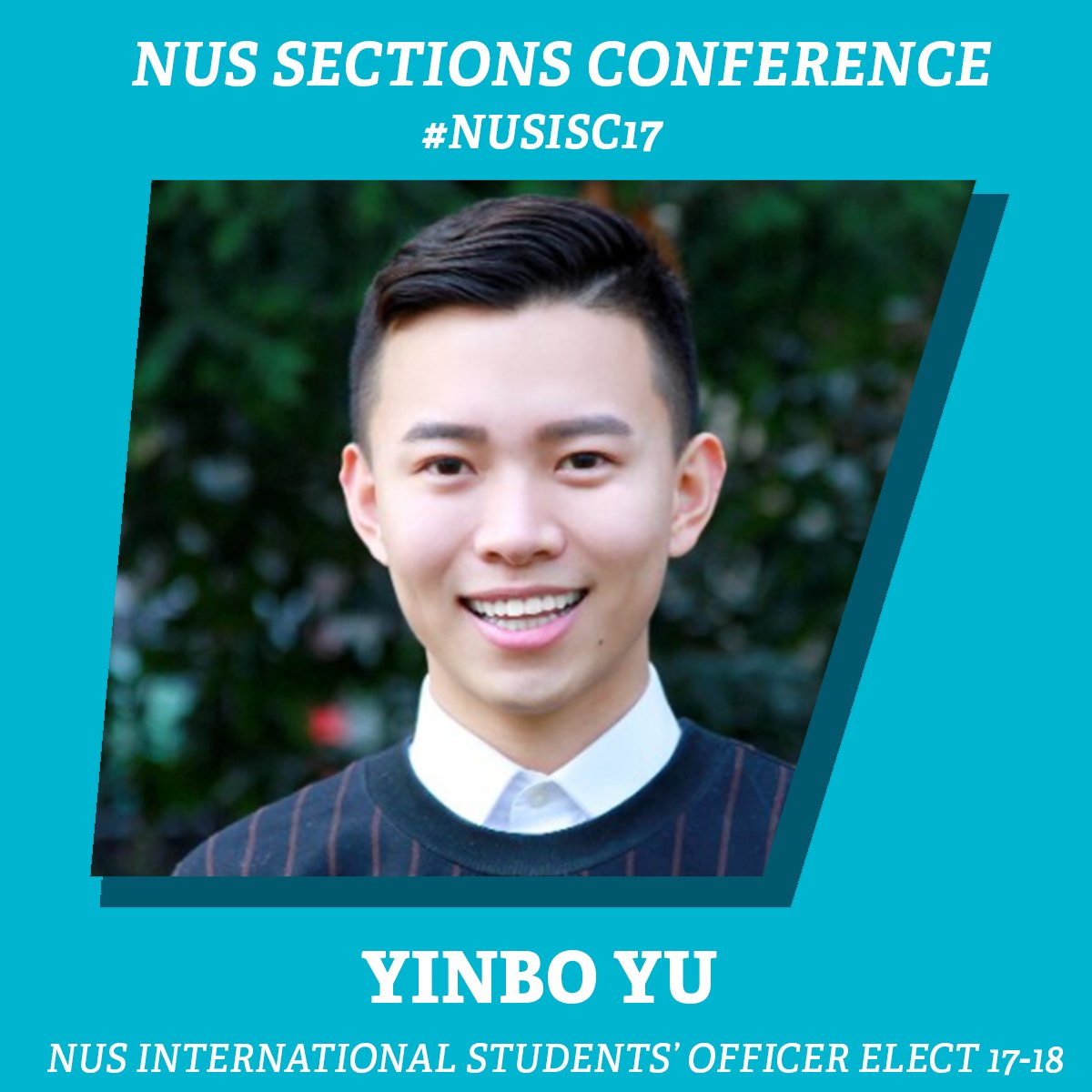 nusconnect's tweet photo. Congratulations to Yinbo Yu, NUS International Students' Officer 2017-18 #NUSISC17 https://t.co/I6vpckK5ij