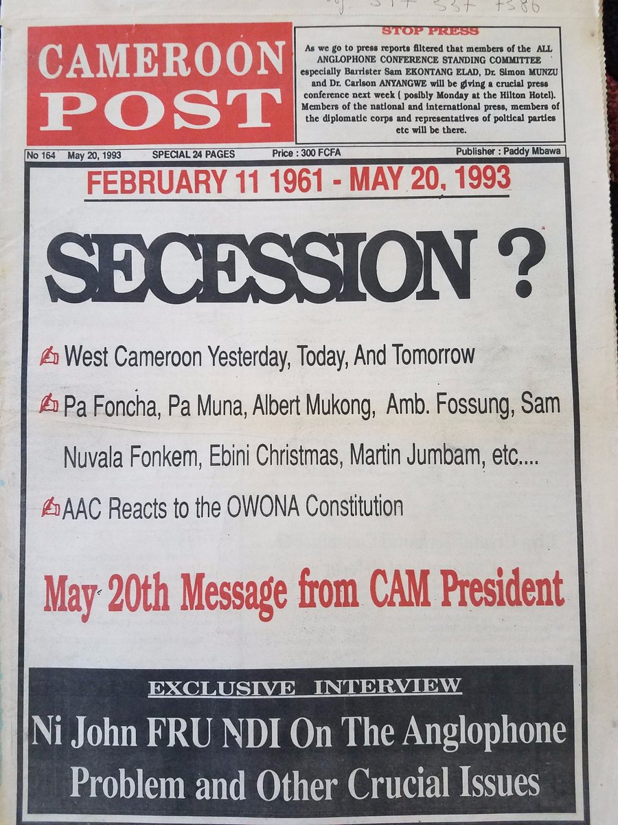 dibussi's tweet photo. May 1993 newspaper headlines with talk of national day boycott/secession in Anglophone #Cameroon. Exactly the same as today's front pages. https://t.co/PVH8esxQZF