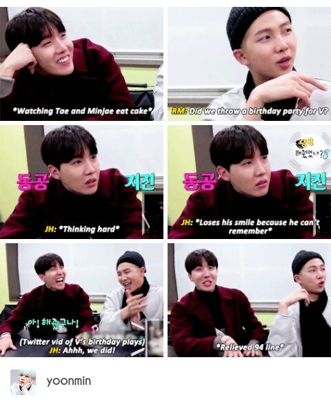 gimbapkuk's tweet photo. That time hoseok panicked because they thought that they forgot tae's birthday lmao cuties #BTSBBMAs https://t.co/vXTQ7nvmzL