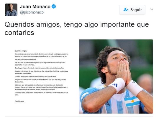 #UltimoMomento | Juan "Pico" Mónaco anunció en Twitter que se retira del #tenis. #Deporte