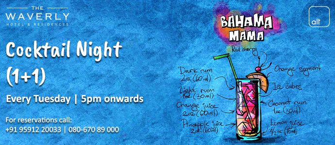 AltBar_blr's tweet photo. Tuesdays just got interesting! Enjoy Buy 1 Get 1 Offer with ‘Cocktail Nights’ at Alt. Call: +91 9591220033  | 080 67089000 #thewaverlyblr https://t.co/bS8GgqjV8V