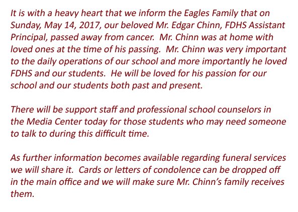 FDHSEagles's tweet photo. Your energy and passion for FDHS will be greatly missed. Rest in Love Mr. Chinn. "And he will raise you up on eagle's wings..." @FDHSPTSA https://t.co/Avo3XYRsra