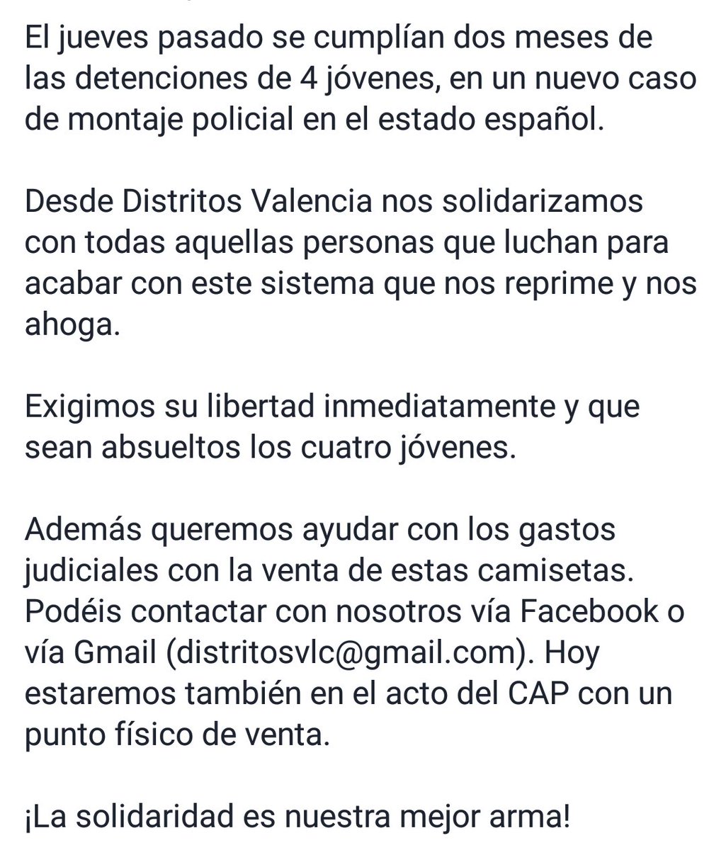 OAskatu's tweet photo. Solidaridad desde Valencia, por parte del colectivo juvenil Distritos Valencia! Gracias por vuestra solidaridad, libertad 4 de Orereta! https://t.co/UQxeegn6xH