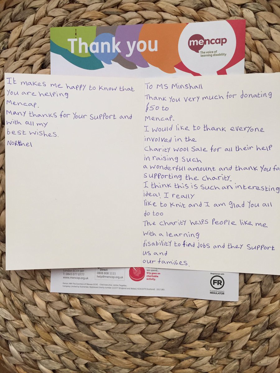 Beautiful letter &amp; card from <a href="/mencap_charity/">Mencap</a> saying thankyou for our donation from the wool sale. #nanceyswool 
Well done guys!
<a href="/poprecsltd/">Pop Recs CIC</a>