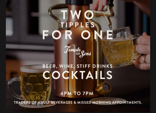 templeandsons's tweet photo. Brand new happy hour starting tonight!! 🥂🍺🍾😉
#templeandsons #HappyHour #beer #wine #spirits #cocktails #buyonegetone https://t.co/lot7mLyBgA