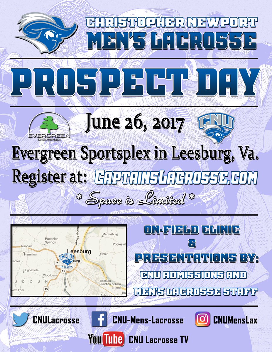 CNULacrosse's tweet photo. Register for our June 26th Prospect Day at the @Evergreen_Lax Sportsplex! #gocaptains 

https://t.co/lkOONEKtKu https://t.co/0C49NFpfbl