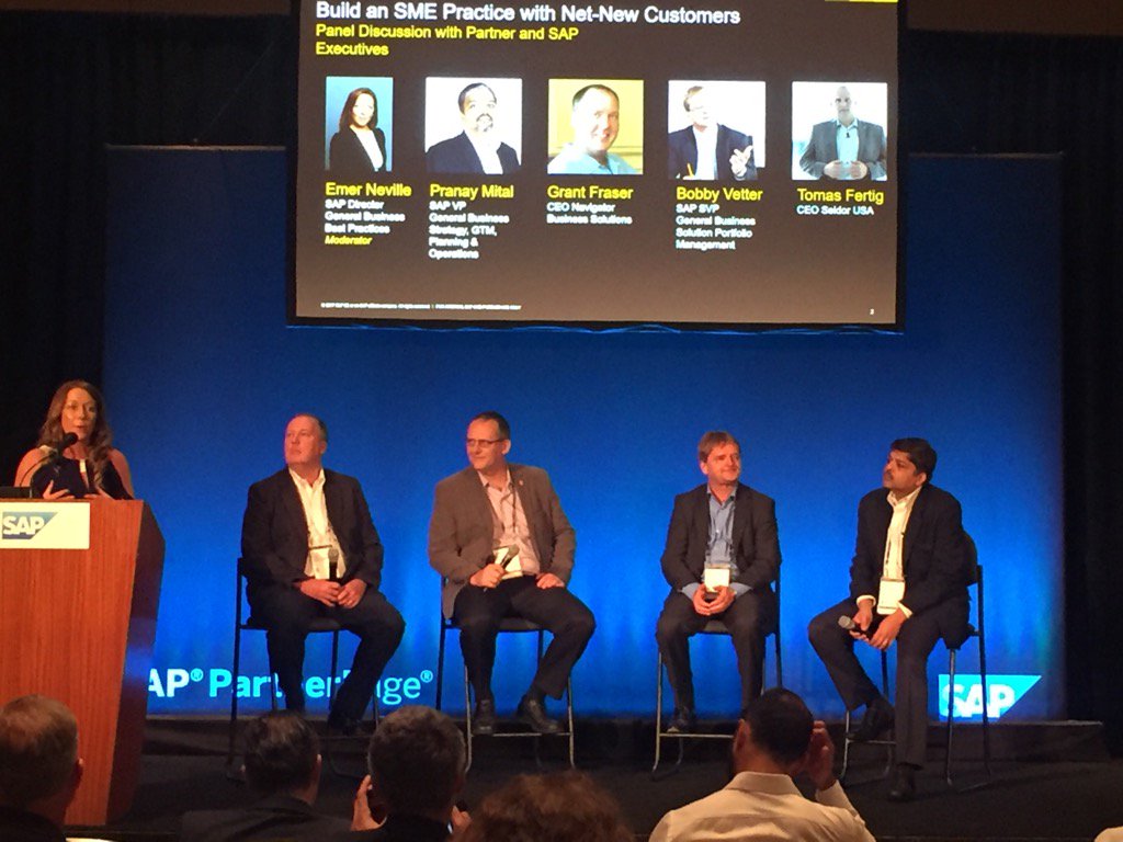 TaraMead's tweet photo. No slides just great discussion #SAPPartnerSummit #SME @BobbyVetterSAP @seidor @NavigatorSAP @Pra6Mit @EmerNeville https://t.co/DqYd9poaPq