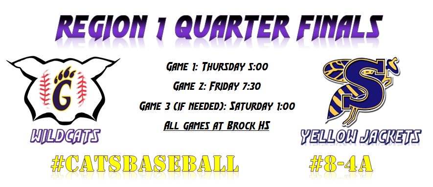 Make plans to be in Brock THURSDAY, FRIDAY, SATURDAY!
District 8-4A Rematch
#CATSBASEBALL
#PACKTHEPARK
#ROADTODISCH