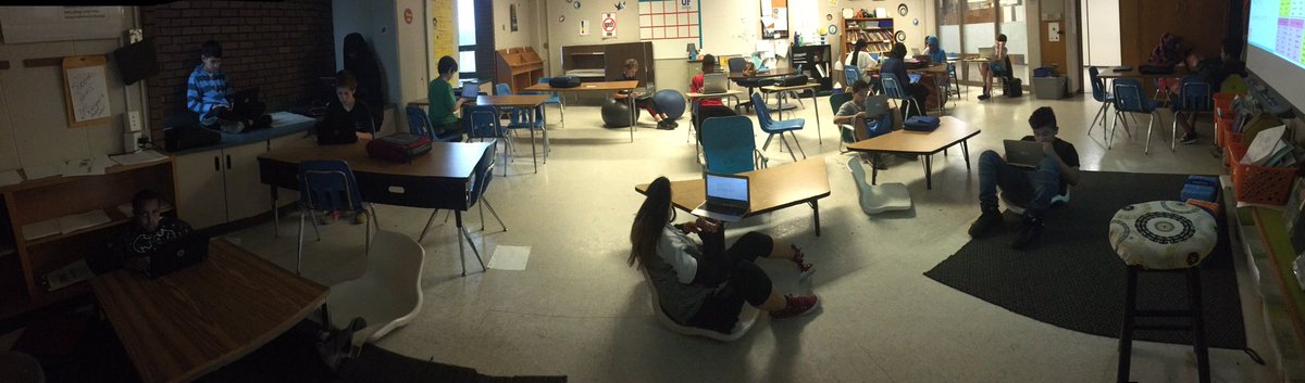 Working so hard! @NicolletMS191 #middleschoolwritersworkshop #fictionauthors #flexibleseating #stormyday #spookystories #1to1devices2018