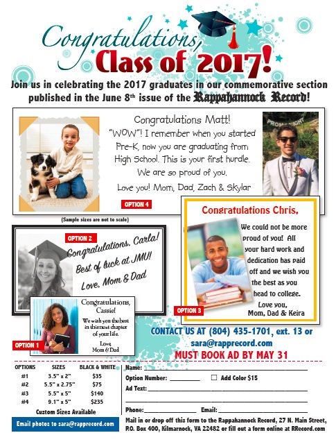 Parents: Celebrate your graduate's accomplishment in the June 8th graduation supplement of the Rappahannock Record! ow.ly/d/6ken