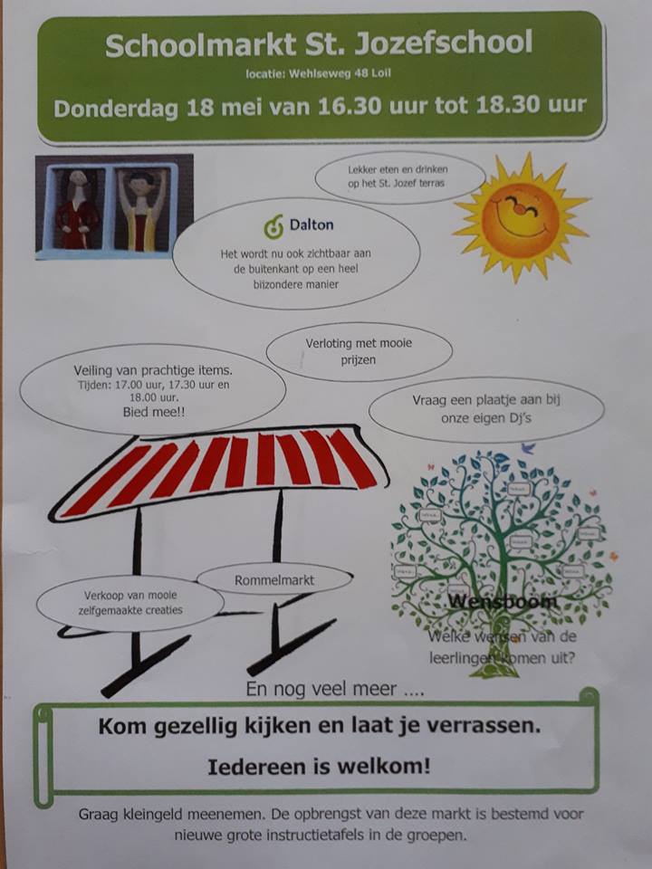 As do 18-7, 16.30-18.30 u Schoolmarkt St. Jozef Loil Kijk wat Daltononderwijs inhoudt, geniet op terras, DJ draait plaatjes op aanvraag enz.