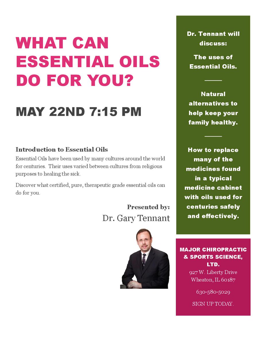 Steven_Major's tweet photo. Join us for this free and informative seminar: Intro to Essential Oils. May 22nd at 7:15. Major Chiropractic, 927 W. Liberty Dr., Wheaton. https://t.co/bZYaAYBmN3