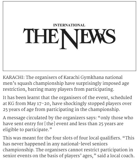 SquashSite's tweet photo. PressAlert, Pakistan: Age limit in national squash event irks players
https://t.co/66LnvjnNPy https://t.co/UWNe75lg7R