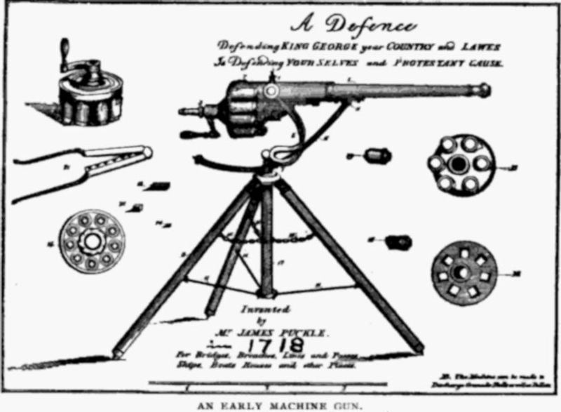 TheHistoryPress's tweet photo. James Puckle, a London lawyer, patented his 'Puckle Gun', a multi-shot gun, #OTD 1718. It is often referred to as the first machine gun. https://t.co/KkK7w1XHOY