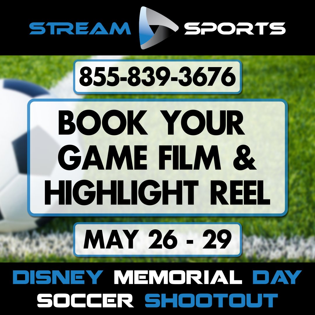 _StreamSports's tweet image. We are less than 2 WEEKS away from Disney Memorial Day Soccer Shootout  2017! Call today 855-839-3676 #StreamSports #GameFilm #Highlights