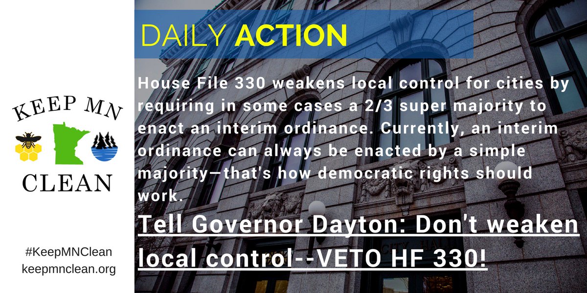 KeepMNClean's tweet image. Action: Ask @GovMarkDayton to keep local control strong &amp;amp; VETO HF330 #KeepMNClean #mnleg keepmnclean.org