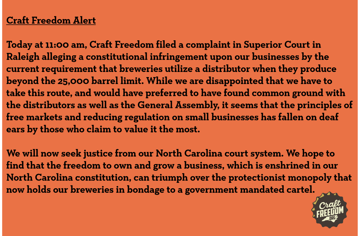 CraftFreedomNC's tweet image. Craft Freedom Alert: @CraftFreedomNC statement on the lawsuit filed today in Superior Court. #ncga #ncgov #ncpol #changeisbrewing #ncbeer