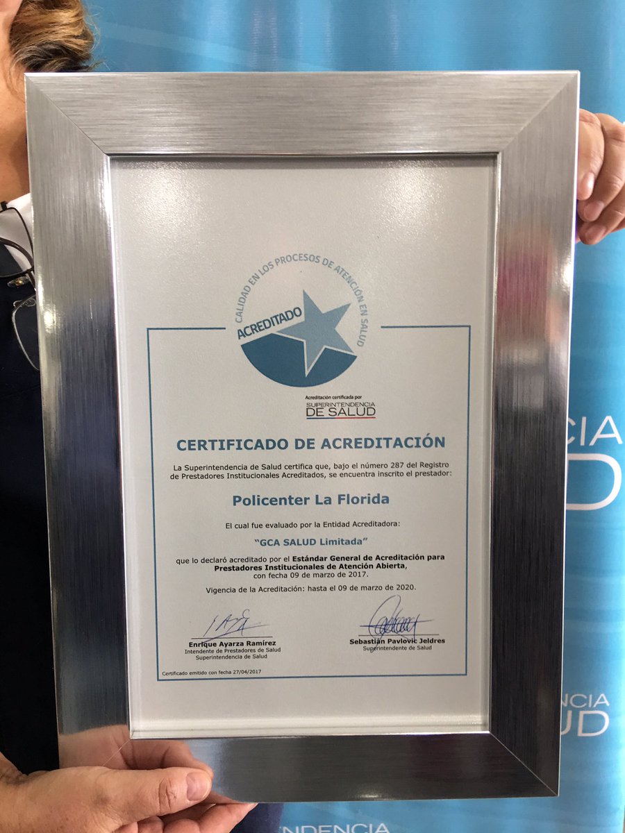 Policenter_cl's tweet photo. Entrega de #Acreditación por parte de la Superintendencia de Salud para nuestro Centro Médico de La Florida y Laboratorio Clínico VIDA TEST https://t.co/YWyw0x8ig7