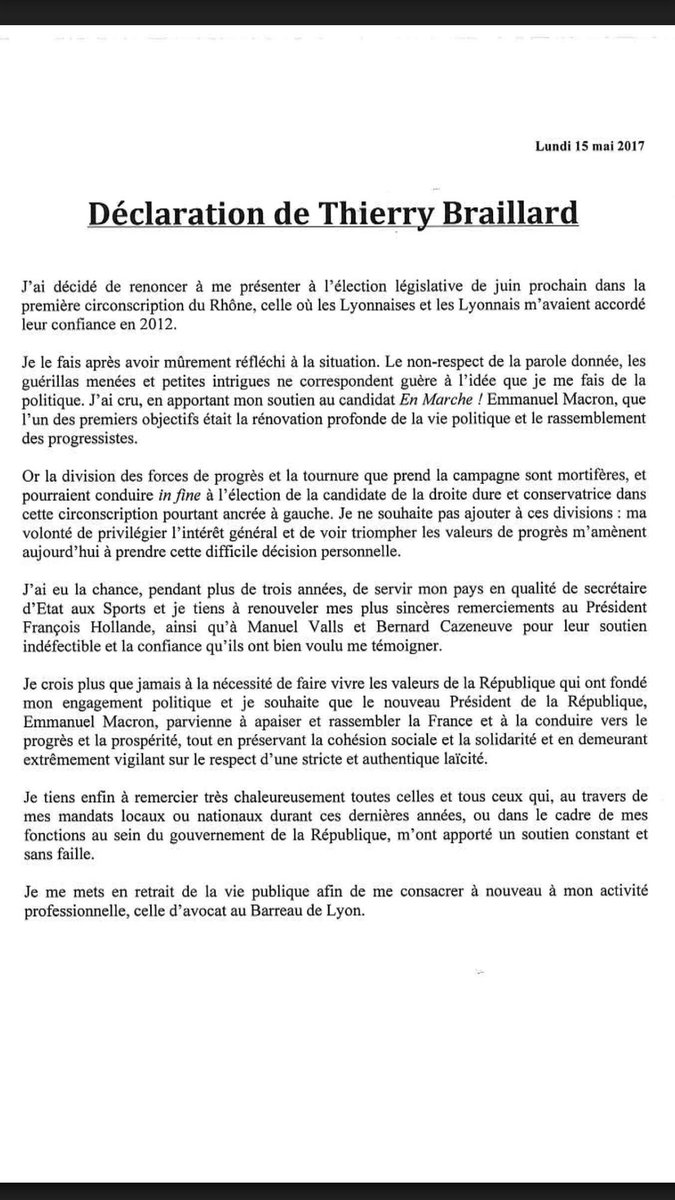 J'ai décidé de renoncer à me présenter aux législatives et je me mets en retrait de la vie publique. Merci à tous ceux qui m'ont soutenu.