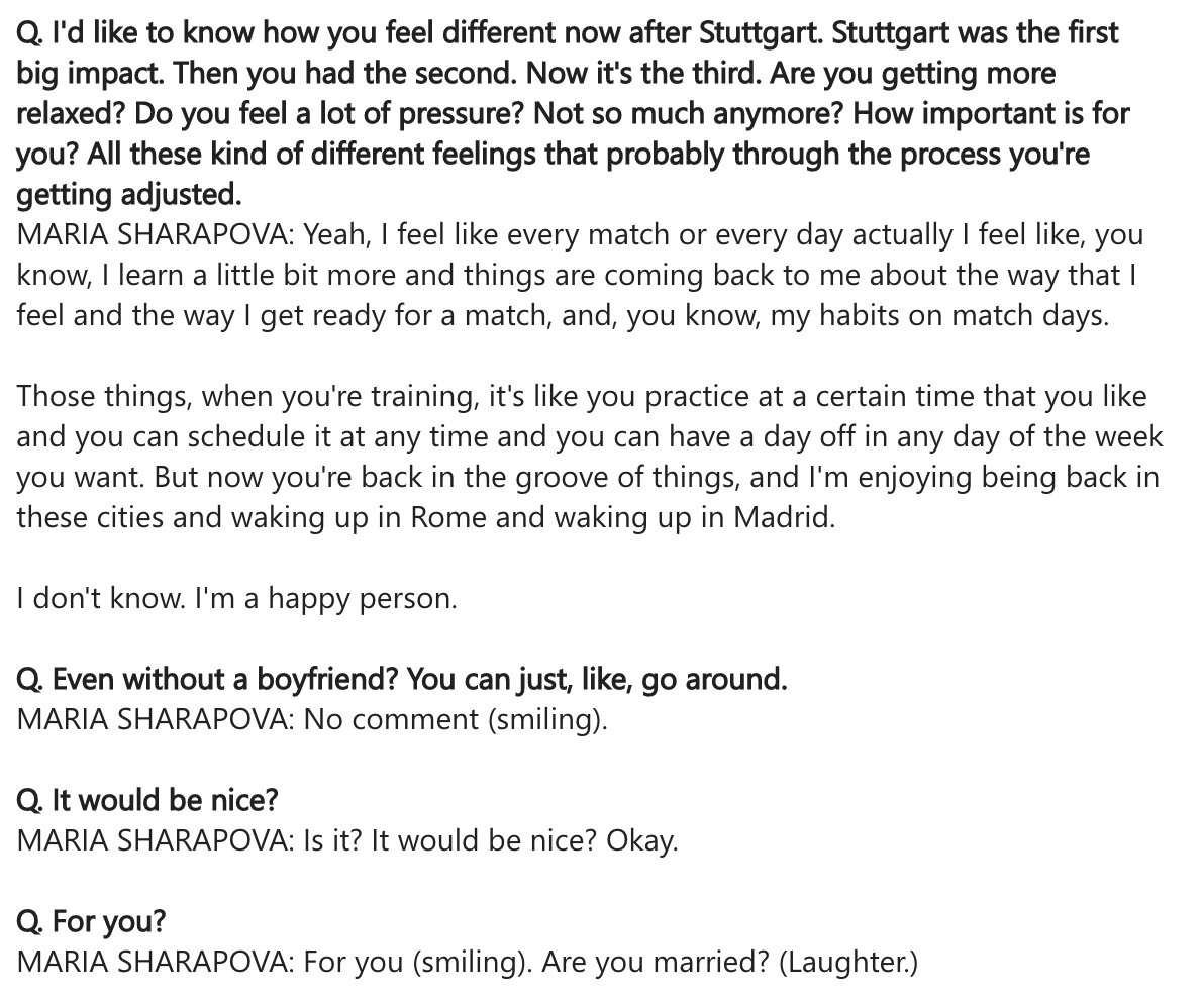 “Are you married?"

<a href="/MariaSharapova/">Maria Sharapova</a> teases Italian reporter <a href="/ubiscanagatta/">Ubaldo Scanagatta</a>. 

There’s just something in the air in Rome.