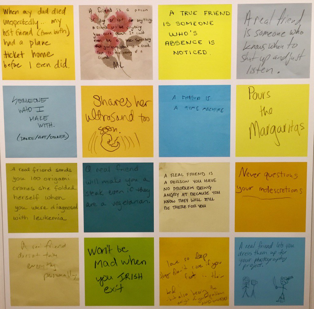 ShawnMahoney2's tweet photo. "Grid of 16 Post It Notes (1)" @tanjahollander @MASS_MoCA 
#OnLine vs. #OffLine ? 
#RealFriend vs. #RealFriendship ? https://t.co/6nYRLEvHI7