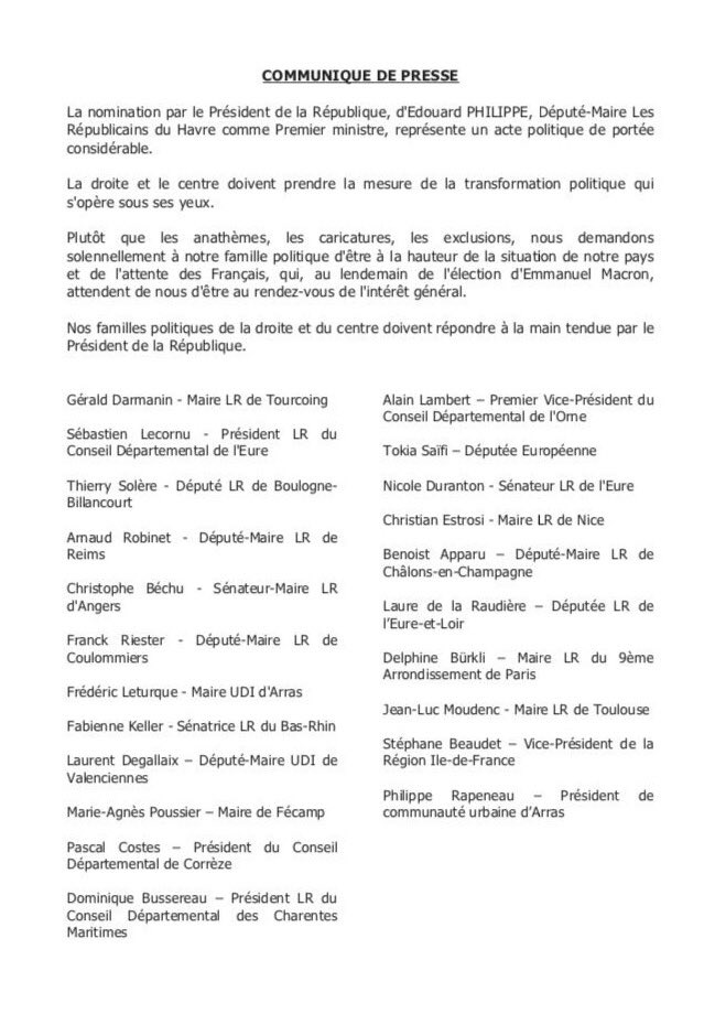 "Nous demandons solennellement à notre famille politique d’être à la hauteur de la situation de notre pays et de l’attente des Français"