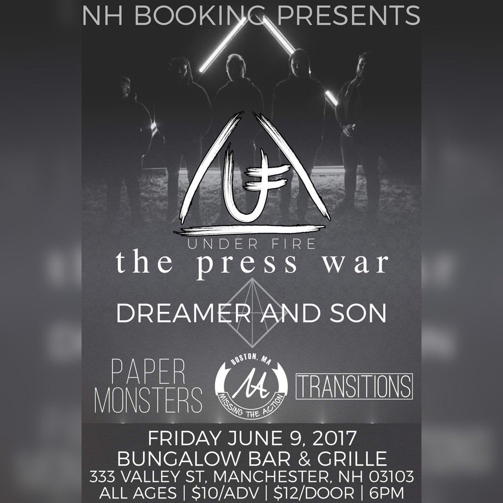 JUNE 9 | MANCHESTER, NH
Bungalow Bar &amp; Grille
<a href="/ThePressWar/">The Press War</a> <a href="/dreamerandson/">Dreamer & Son</a> <a href="/uspapermonsters/">Paper Monsters</a>